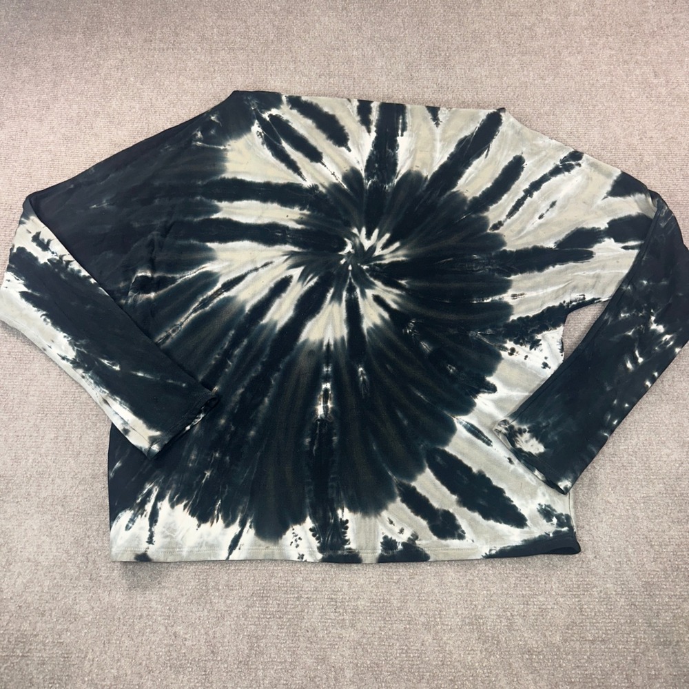 Enza Costa Black Cream Spiral Tie Dye Fleece Long Sleeve Top off shoulder Medium